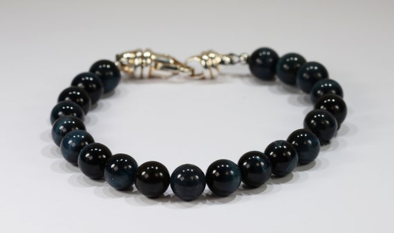 Blue Gray Tigers Eye Spiritual Bead Bracelet~.925 Sterling Silver Clasp~8mm Beads~Custom Sizing