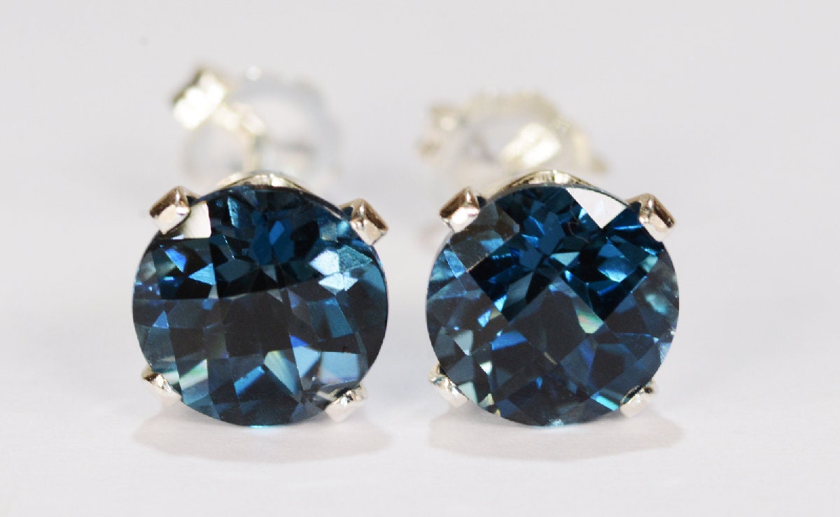 London Blue Topaz Earrings.925 Sterling Silver Setting7mm Round Cut