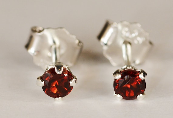 Garnet Earrings~.925 Sterling Silver Setting~3mm Round Cut~Genuine Natural Mined