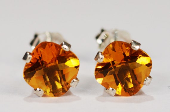 Citrine Earrings~.925 Sterling Silver Setting~6mm Cushion Cut~Genuine Natural Mined