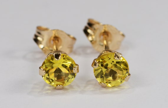 Mystic Canary Yellow Topaz Earrings 14KT Yellow Gold Setting~4mm Round Cut~Genuine Natural Mined Gemstones