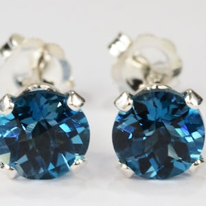 Blue Topaz Earrings~.925 Sterling Silver Setting~6mm Round Cut~Genuine Natural Mined