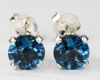 Oorbellen blauwe topaas ~,925 sterlingzilver zetting ~ 6 mm rond geslepen ~ echt natuurlijk gedolven