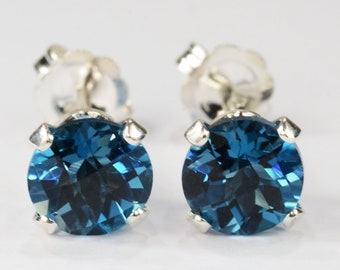 Blue Topaz Earrings~.925 Sterling Silver Setting~6mm Round Cut~Genuine Natural Mined