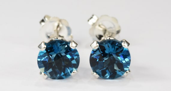 Blue Topaz Earrings~.925 Sterling Silver Setting~6mm Round Cut~Genuine Natural Mined