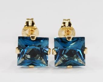 London Blue Topaz Earrings~14KT Gold Setting~Genuine Natural Mined~6mm Princess