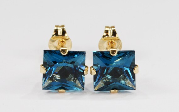London Blue Topaz Earrings~14KT Gold Setting~Genuine Natural Mined~6mm Princess