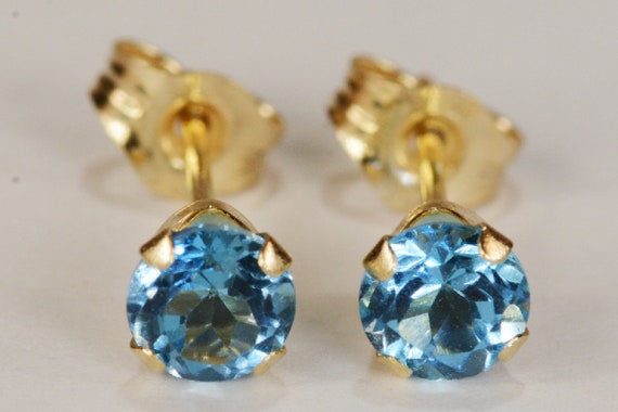 Swiss Blue Topaz Earrings~14KT Yellow Gold Setting~4mm Round~Genuine Natural Mined