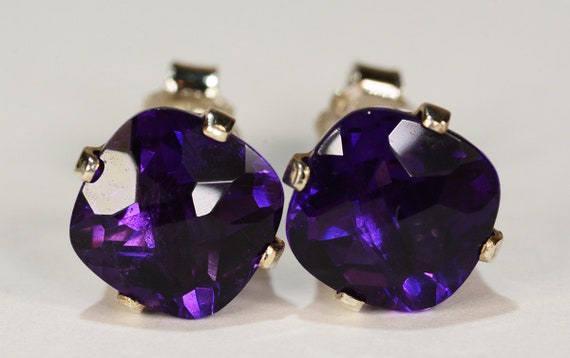 Purple Amethyst Earrings~.925 Sterling Silver Setting~8mm Cushion Cut~Genuine Natural