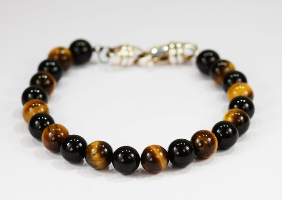 Tigers Eye/Onyx Spiritual Bead Bracelet~.925 Sterling Silver Clasp~8mm Beads~Custom Sizing