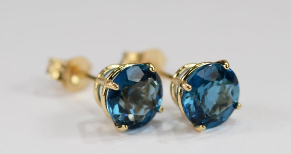 London Blue Topaz Earrings~14KT Yellow Gold Premium Setting~6mm Round~Genuine Natural