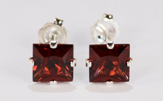 Red Garnet Earrings~.925 Sterling Silver Setting~6mm Princess Cut~Genuine Natural Mined Gemstones