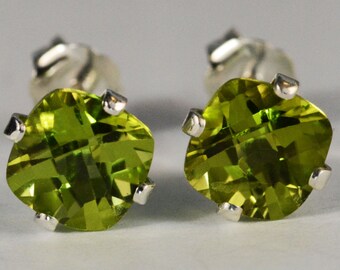 Peridot Earrings~.925 Sterling Silver Setting~6mm Cushion Cut~Genuine Natural Mined