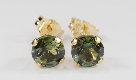 Mystic Forest Green Topaz Earrings~14KT Yellow Gold Setting~5mm Round~Genuine Natural Mined