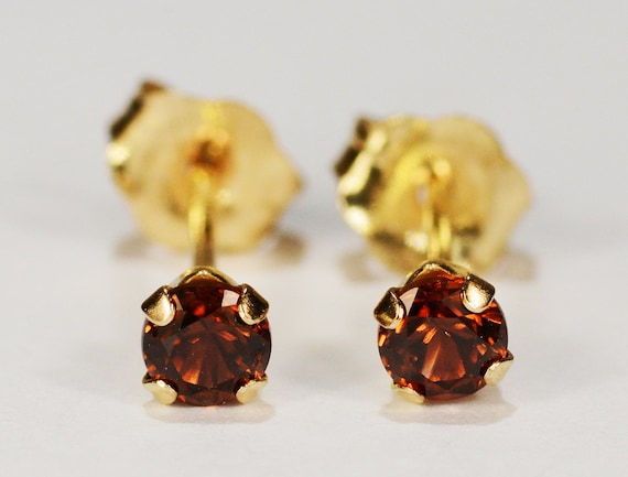 Champagne Zircon Earrings~14 KT Yellow Gold~3mm Round Cut~Genuine Natural Mined