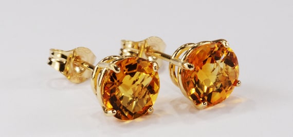 Citrine Earrings~14KT Yellow Gold Premium Setting~6mm Round~Genuine Natural