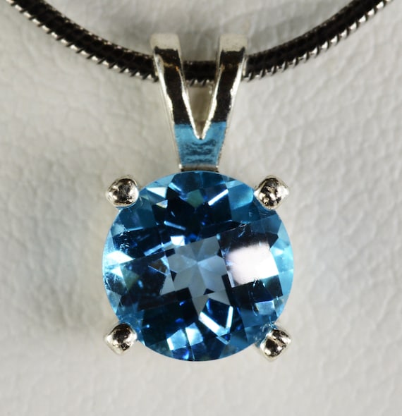 Swiss Blue Topaz  Pendant~Heavy .925 Sterling Silver Setting ~ 7mm Round ~ Genuine Natural Mined