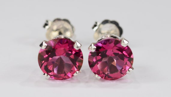 Pink Mystic Topaz Earrings~.925 Sterling Silver Setting~7mm Round Cut~Genuine Natural Mined