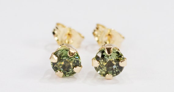 Green Sapphire Earrings~14 KT Yellow Gold Setting~4mm Round~Genuine Natural Mined