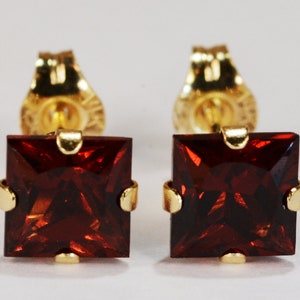 Garnet Earrings~14KT Yellow Gold Setting~5mm Princess Cut~Genuine Natural Mined