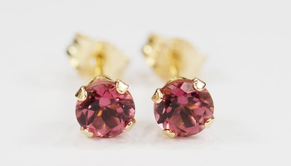 Dark Pink Tourmaline Earrings~14 KT Yellow Gold Setting~4mm Round~Genuine Natural Mined