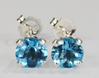 Swiss Blue Topaz Earrings~.925 Sterling Silver Setting~Genuine Natural Mined~6mm Round
