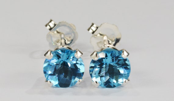 Swiss Blue Topaz Earrings~.925 Sterling Silver Setting~Genuine Natural Mined~6mm Round