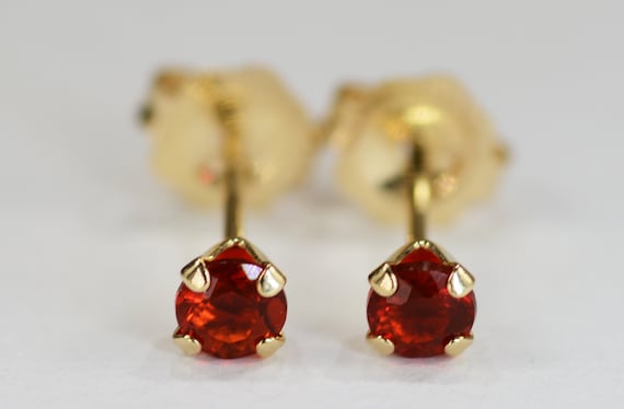 Red Orange Fire Opal Earrings~14 KT Yellow Gold~3mm Round Cut~Genuine Natural Mined