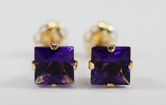 Amethyst Earrings Princess ~ 5mm 14KT Yellow Gold Setting ~ Genuine Natural Mined