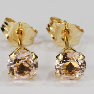 Peach Morganite Earrings~14KT Yellow Gold Setting~4mm Round~Genuine Natural Mined