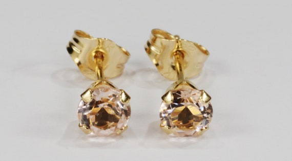 Peach Morganite Earrings~14KT Yellow Gold Setting~4mm Round~Genuine Natural Mined