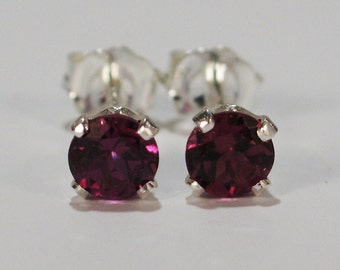 Rhodolite Garnet Earrings~.925 Sterling Silver Setting~4mm Round~Genuine Natural Mined