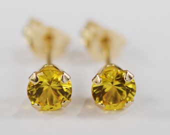 Yellow Sapphire Earrings~14 KT Yellow Gold Setting~4mm Round~Genuine Natural Mined