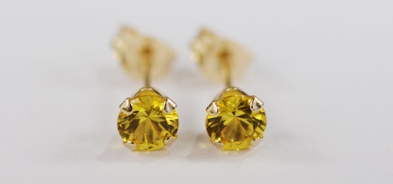 Yellow Sapphire Earrings~14 KT Yellow Gold Setting~4mm Round~Genuine Natural Mined