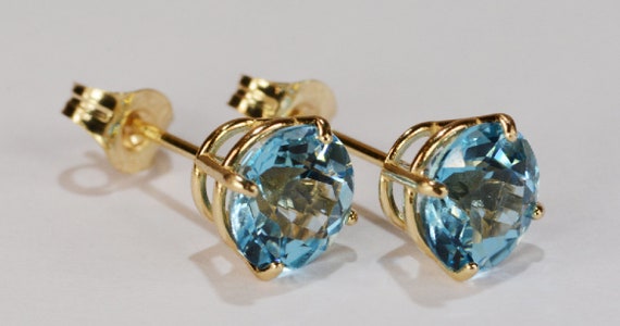 Swiss Blue Topaz Earrings~14KT Yellow Gold Premium Setting~6mm Round~Genuine Natural