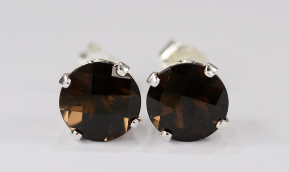 Smoky Quartz Earrings~.925 Sterling Silver Setting~8mm Round Cut~Genuine Natural Mined