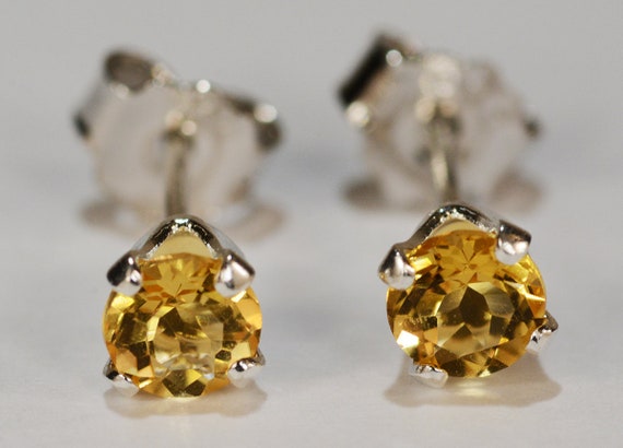 Citrine Earrings ~Light Yellow~.925 Sterling Silver Setting~4mm Round~Genuine Natural Mined