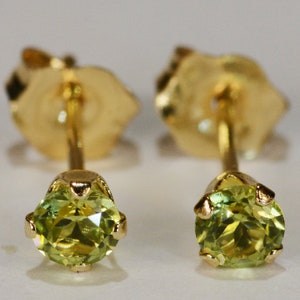 Peridot Earrings~14 KT Yellow Gold~3mm Round Cut~Genuine Natural Mined