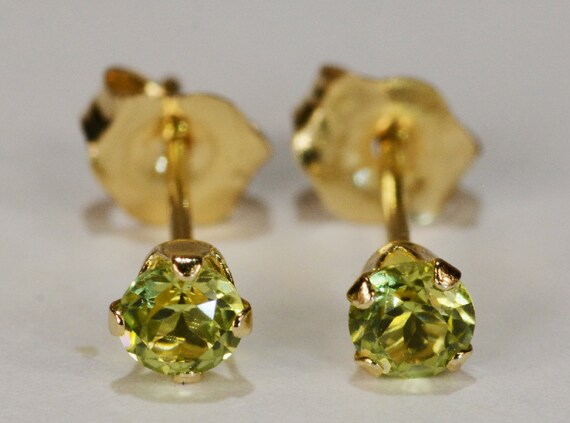 Peridot Earrings~14 KT Yellow Gold~3mm Round Cut~Genuine Natural Mined