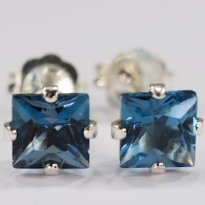 London Blue Topaz Earrings~.925 Sterling Silver Setting~5mm Princess Cut~Genuine Natural Mined Gemstones
