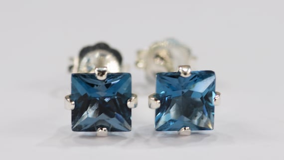 London Blue Topaz Earrings~.925 Sterling Silver Setting~5mm Princess Cut~Genuine Natural Mined Gemstones