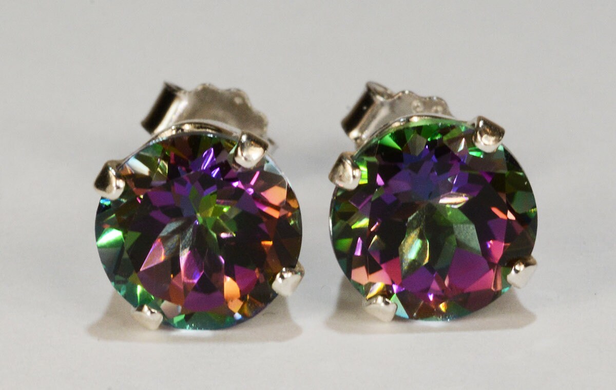 Mystic Green Topaz Earrings.925 Sterling Silver Setting8mm Round CutGenuine Natural Mined
