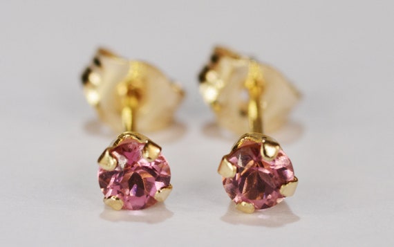 Pink Tourmaline Earrings~14 KT Yellow Gold~3mm Round Cut~Genuine Natural Mined
