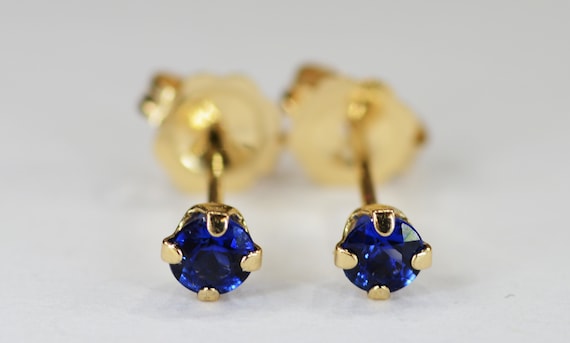 Royal Blue Ceylon Sapphire Earrings~14 KT Yellow Gold~3mm Round Cut~Genuine Natural Mined