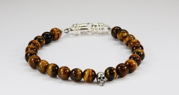 Exotic Tigers Eye Bead Bracelet with Silver Skull Accent~.925 Sterling Silver Clasp~8mm Beads - Custom Sizing