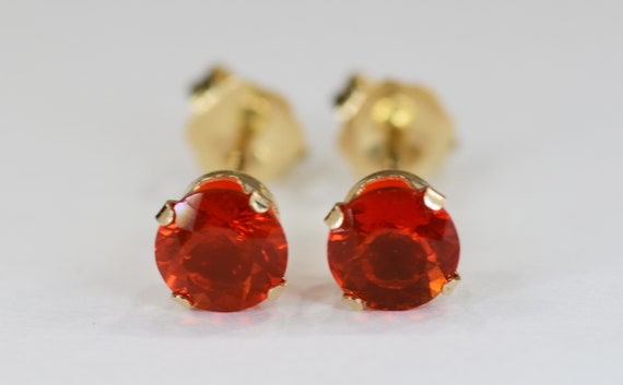 Red Orange Fire Opal Earrings~14KT Yellow Gold Setting~5mm Round~Genuine Natural Mined