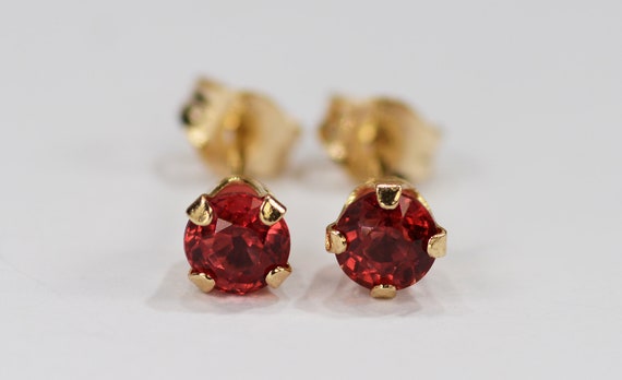 Red Orange Sapphire Earrings~14 KT Yellow Gold~3mm Round Cut~Genuine Natural Mined