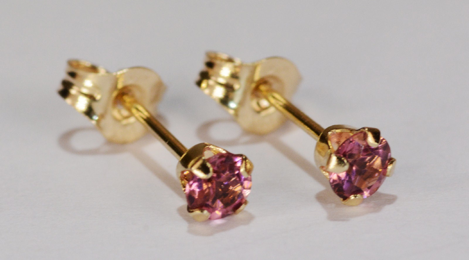 Pink Tourmaline Earrings~14 KT Yellow Gold~3mm Round Cut~Genuine ...
