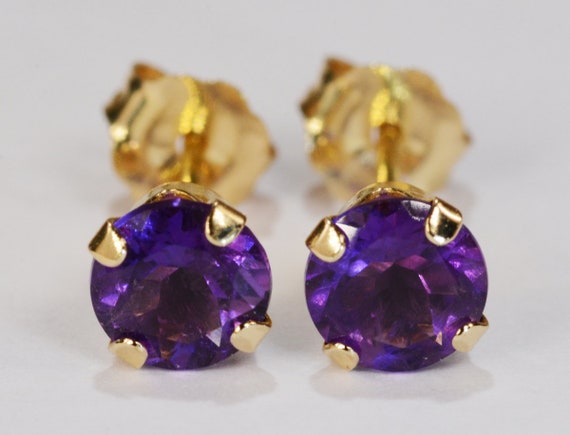 Amethyst Earrings~Lilac Amethyst~Four Prong 14KT Yellow Gold Setting~5mm Round~Genuine Natural Mined