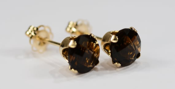 Smoky Quartz Earrings~14KT Yellow Gold 4 Prong Setting~6mm Round~Genuine Natural